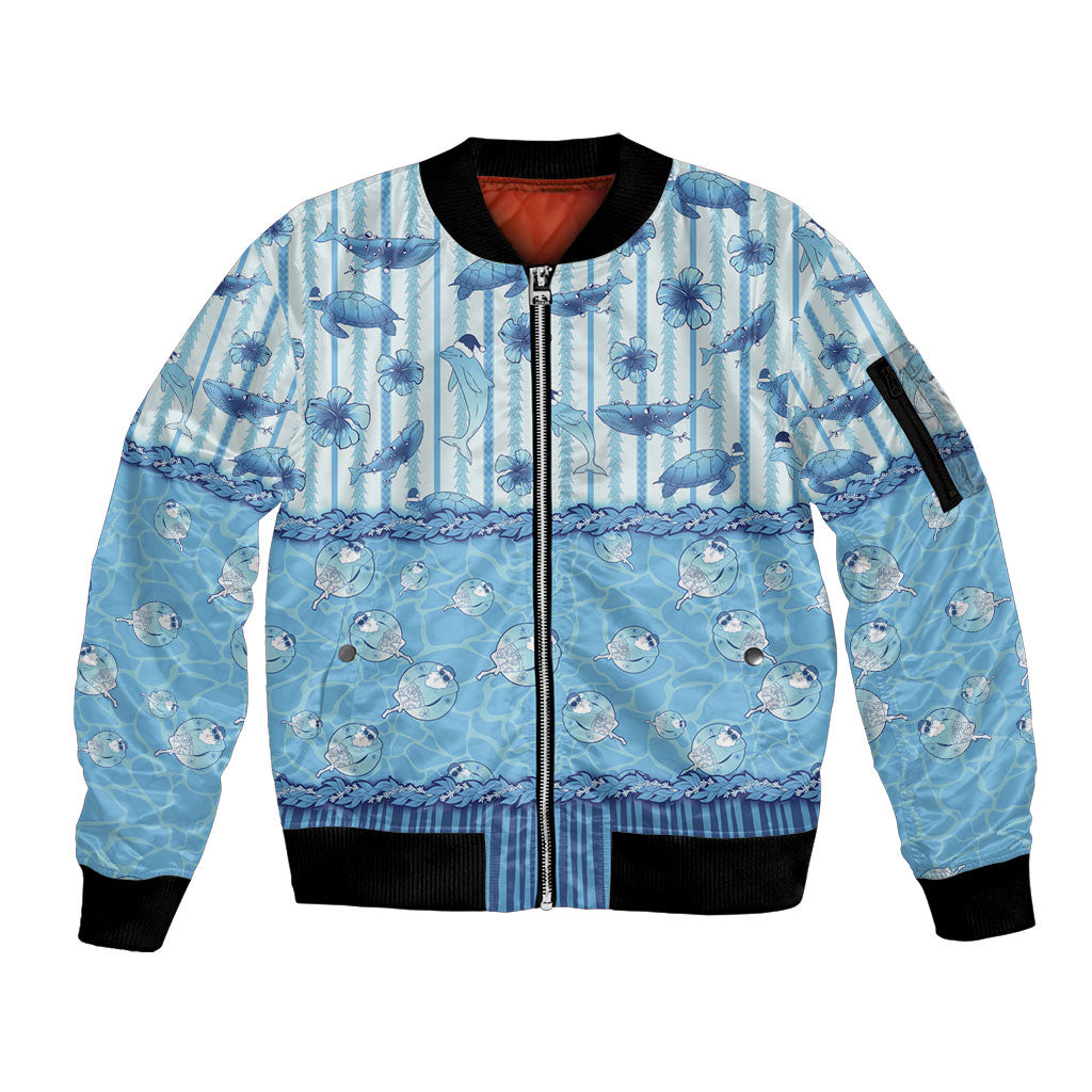 Hawaii Christmas In July Sleeve Zip Bomber Jacket Sky Blue Mele Kalikimaka Sea Animals
