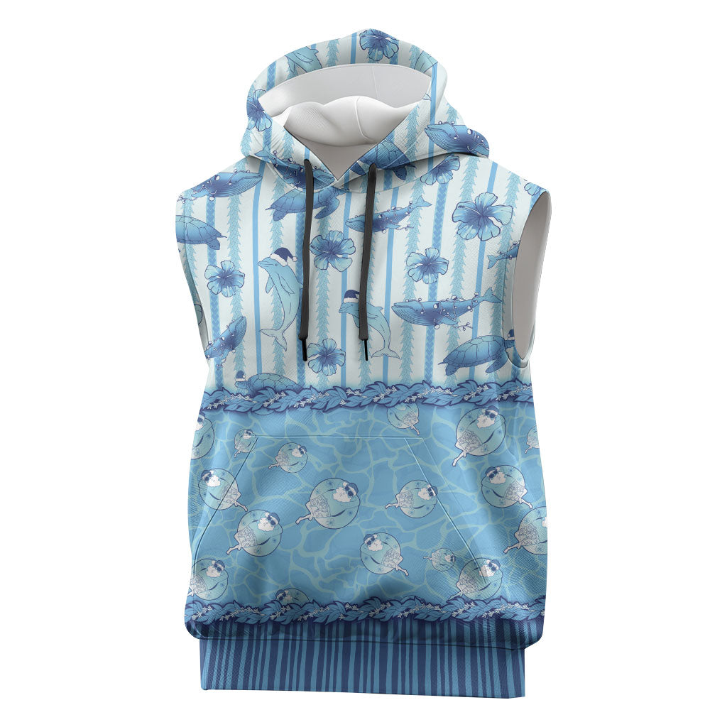 Hawaii Christmas In July Sleeveless Hoodie Sky Blue Mele Kalikimaka Sea Animals