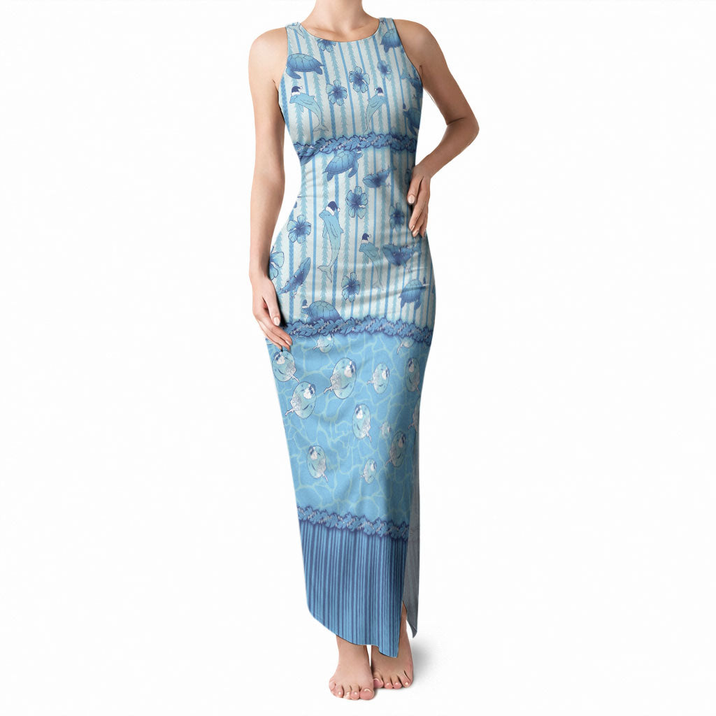 Hawaii Christmas In July Tank Maxi Dress Sky Blue Mele Kalikimaka Sea Animals DT05 Women Blue - Polynesian Pride