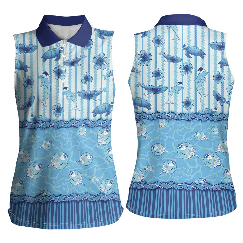 Hawaii Christmas In July Women Sleeveless Polo Shirt Sky Blue Mele Kalikimaka Sea Animals