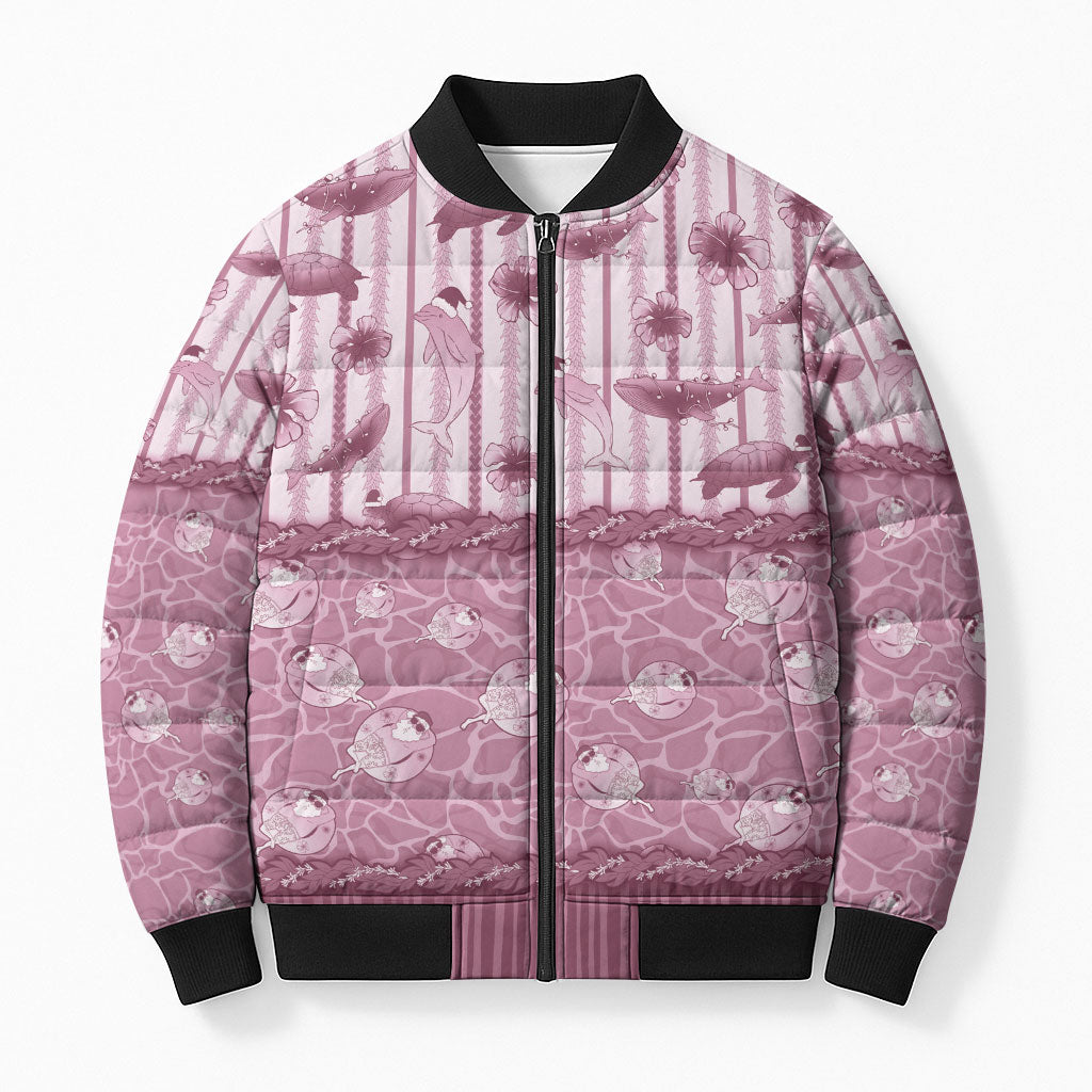 Hawaii Christmas In July Bomber Puffer Jacket Dusty Pink Mele Kalikimaka Sea Animals