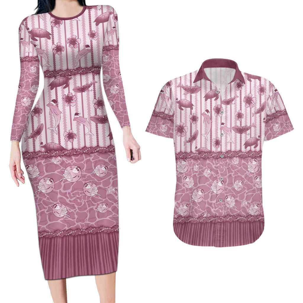 Hawaii Christmas In July Couples Matching Long Sleeve Bodycon Dress and Hawaiian Shirt Dusty Pink Mele Kalikimaka Sea Animals