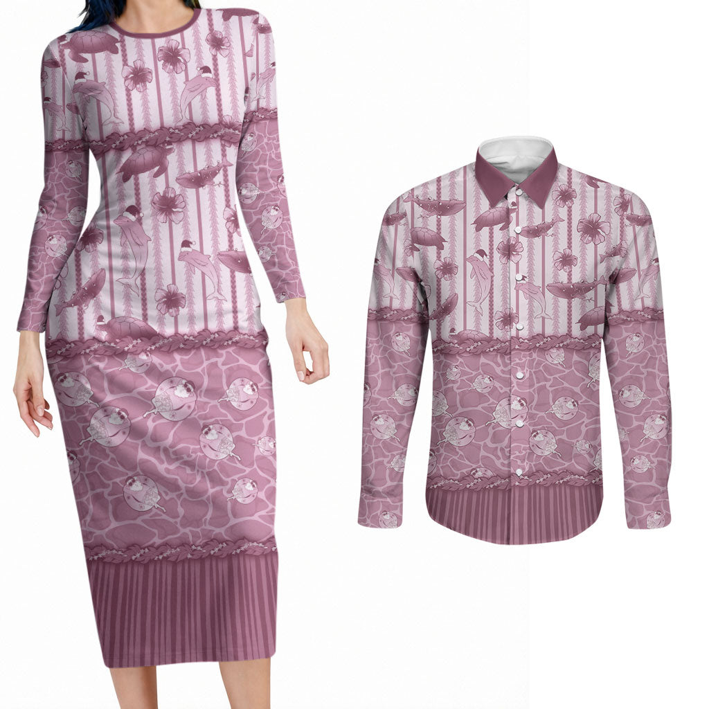 Hawaii Christmas In July Couples Matching Long Sleeve Bodycon Dress and Long Sleeve Button Shirt Dusty Pink Mele Kalikimaka Sea Animals DT05 Pink - Polynesian Pride