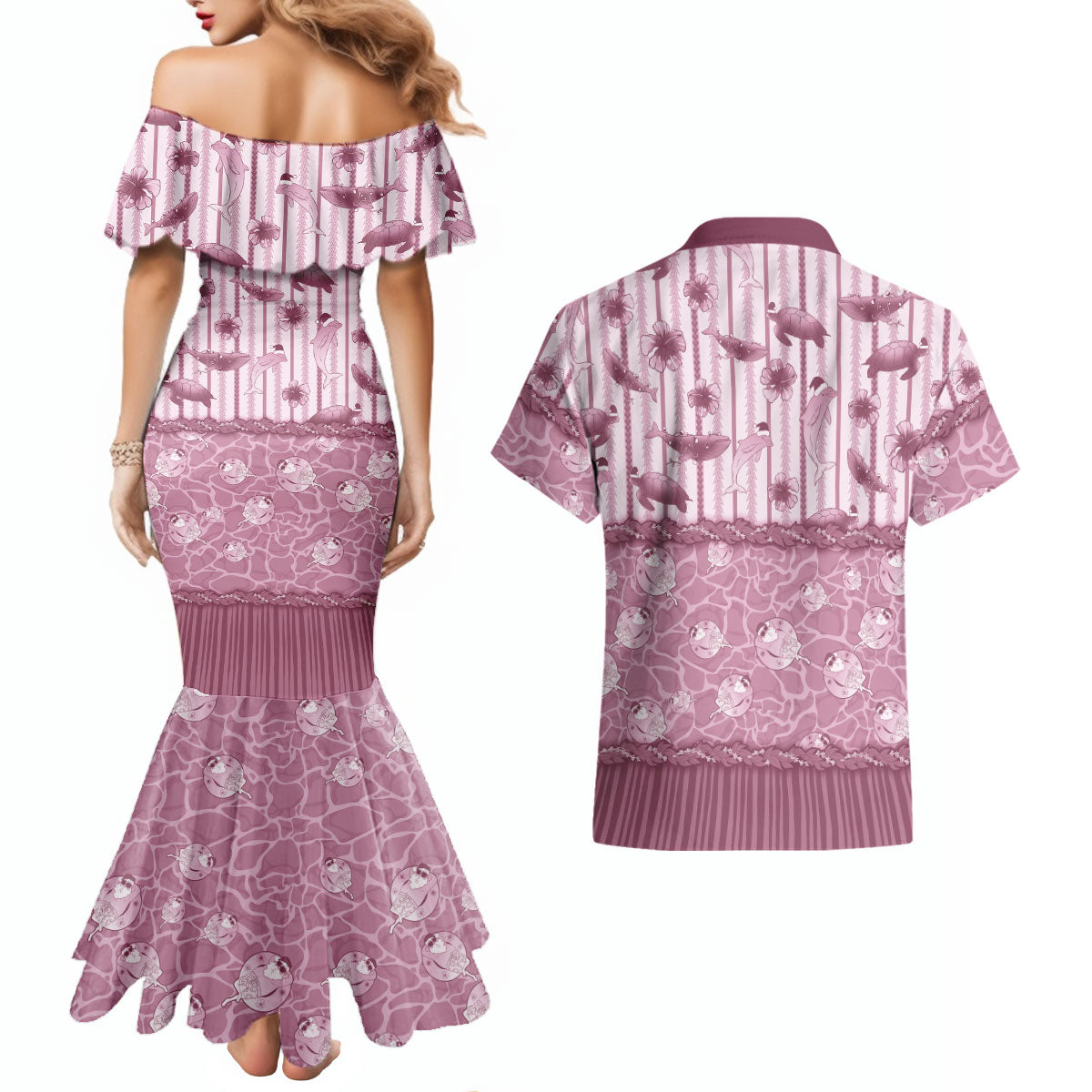 Hawaii Christmas In July Couples Matching Mermaid Dress and Hawaiian Shirt Dusty Pink Mele Kalikimaka Sea Animals