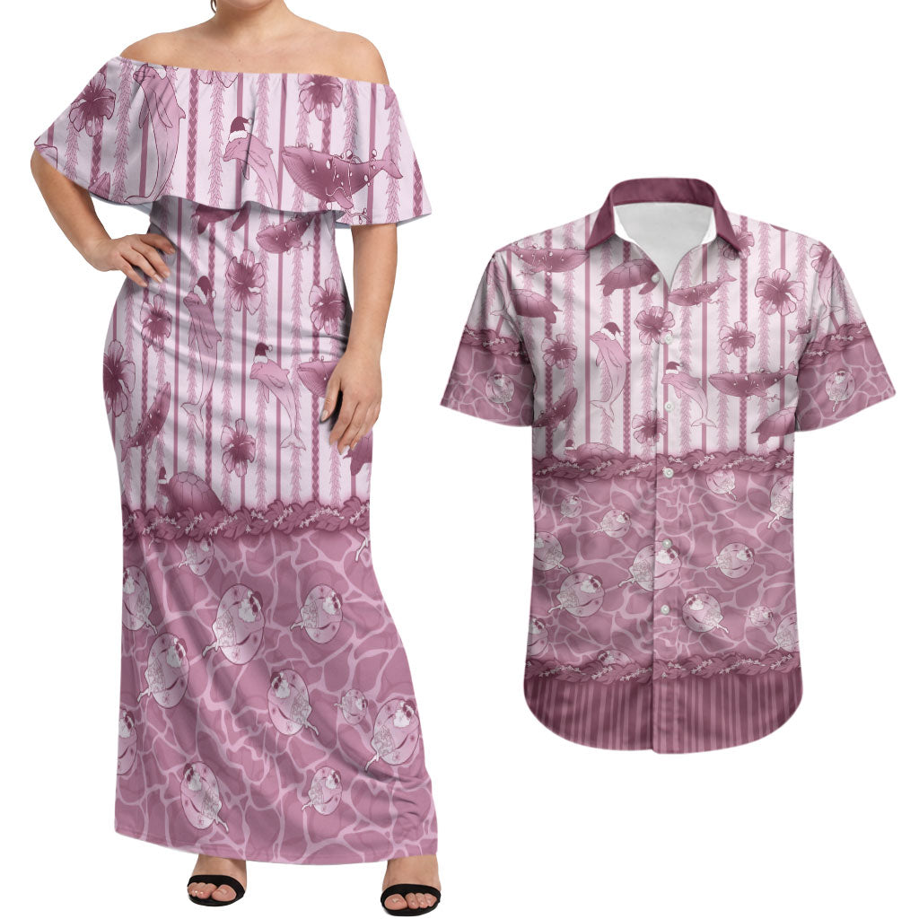 Hawaii Christmas In July Couples Matching Off Shoulder Maxi Dress and Hawaiian Shirt Dusty Pink Mele Kalikimaka Sea Animals DT05 Pink - Polynesian Pride