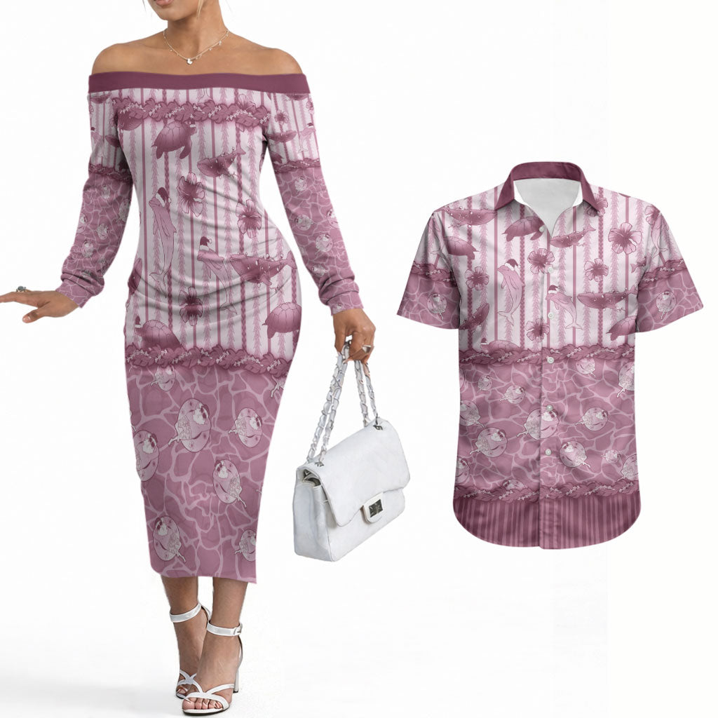 Hawaii Christmas In July Couples Matching Off The Shoulder Long Sleeve Dress and Hawaiian Shirt Dusty Pink Mele Kalikimaka Sea Animals DT05 Pink - Polynesian Pride