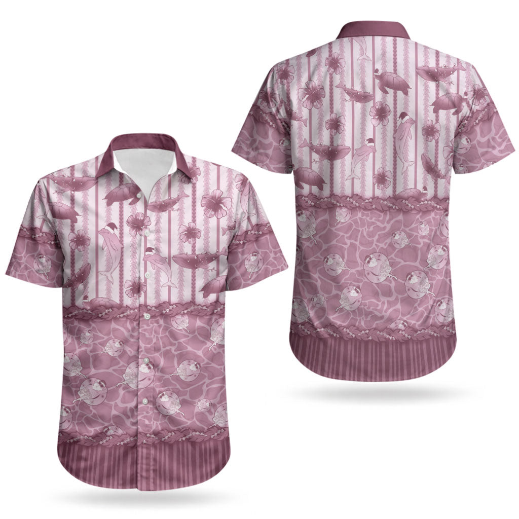 Hawaii Christmas In July Couples Matching Off The Shoulder Long Sleeve Dress and Hawaiian Shirt Dusty Pink Mele Kalikimaka Sea Animals DT05 - Polynesian Pride
