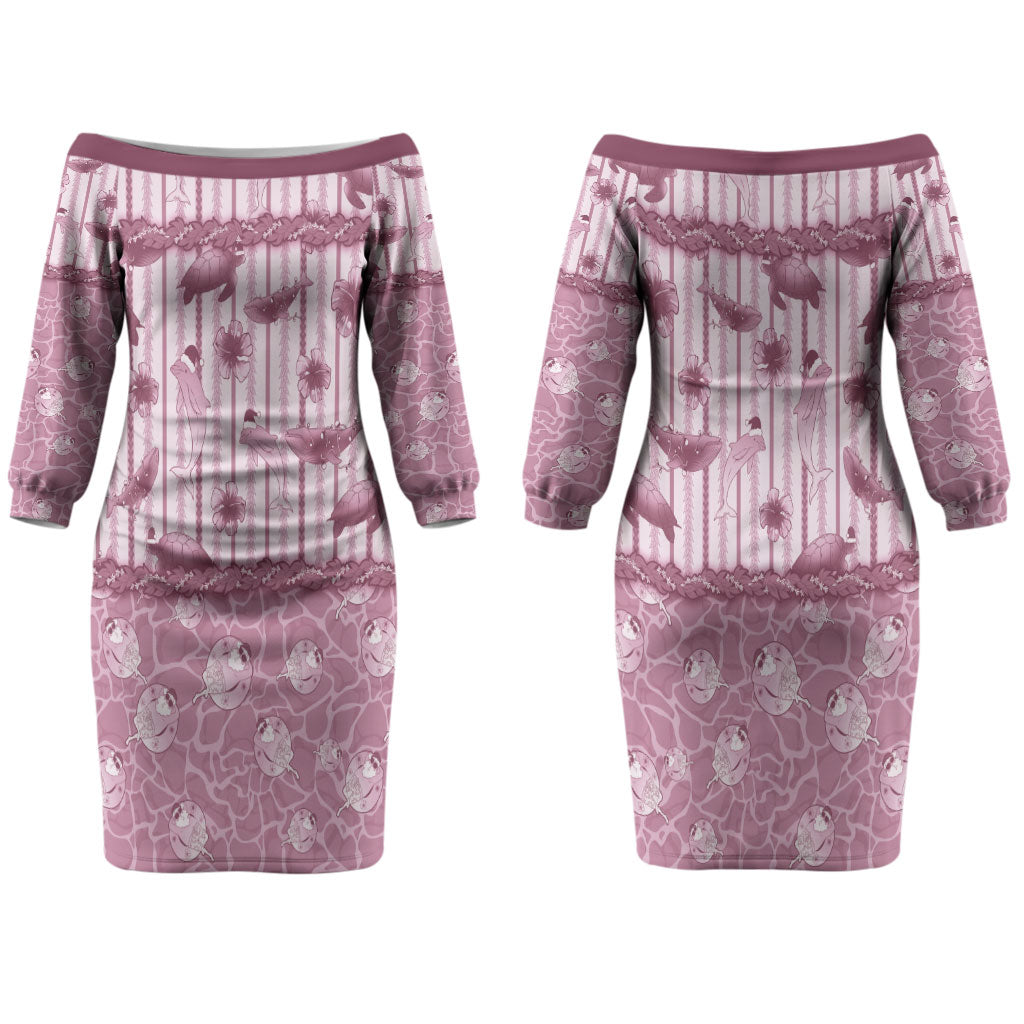 Hawaii Christmas In July Couples Matching Off The Shoulder Long Sleeve Dress and Hawaiian Shirt Dusty Pink Mele Kalikimaka Sea Animals DT05 - Polynesian Pride