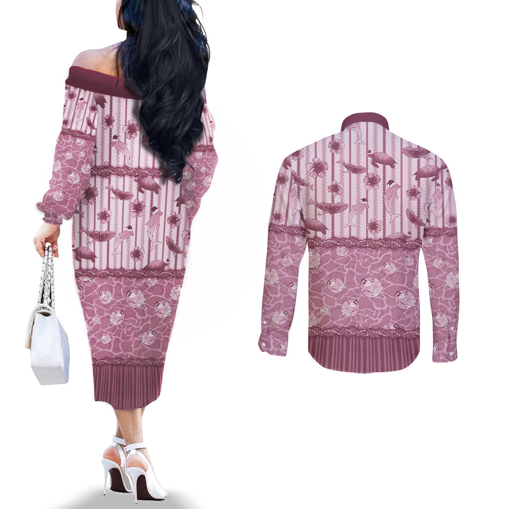 Hawaii Christmas In July Couples Matching Off The Shoulder Long Sleeve Dress and Long Sleeve Button Shirt Dusty Pink Mele Kalikimaka Sea Animals