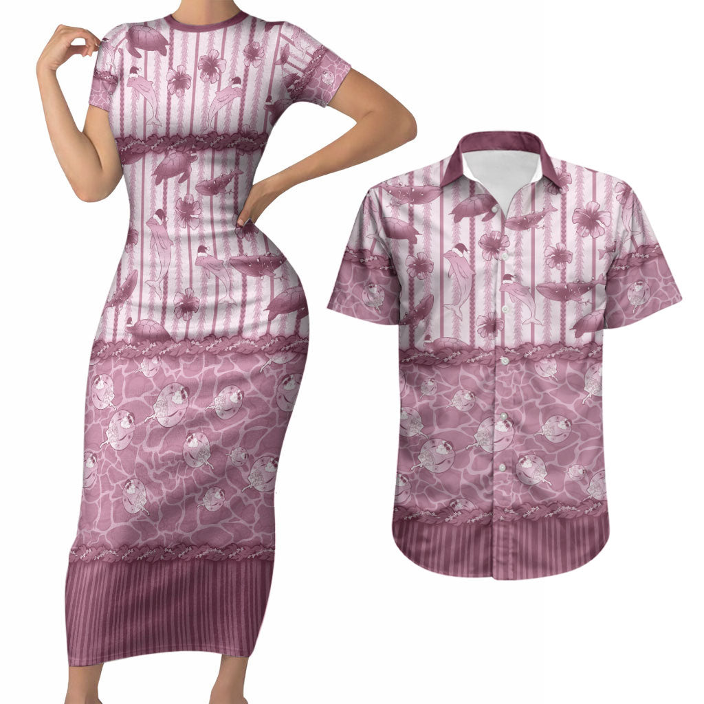 Hawaii Christmas In July Couples Matching Short Sleeve Bodycon Dress and Hawaiian Shirt Dusty Pink Mele Kalikimaka Sea Animals DT05 Pink - Polynesian Pride