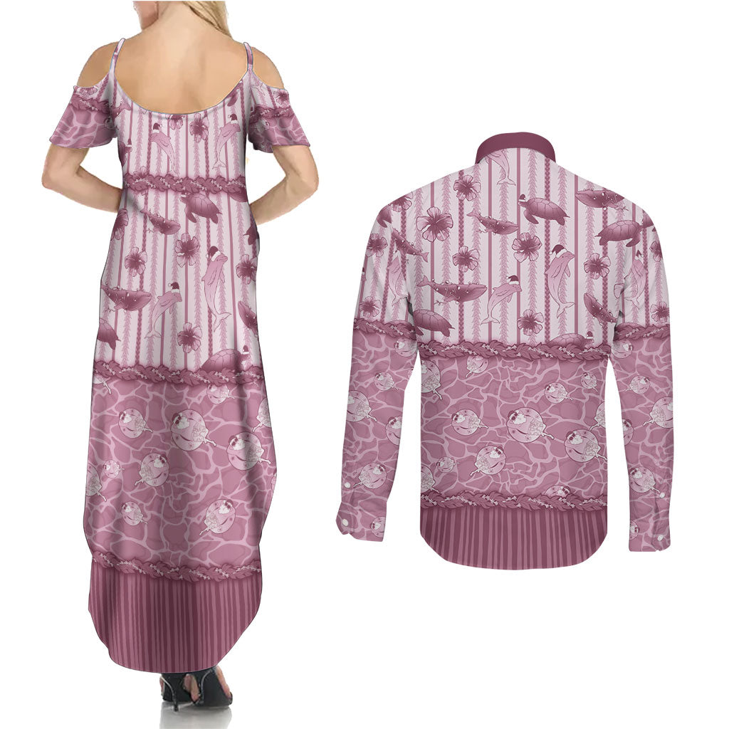Hawaii Christmas In July Couples Matching Summer Maxi Dress and Long Sleeve Button Shirt Dusty Pink Mele Kalikimaka Sea Animals