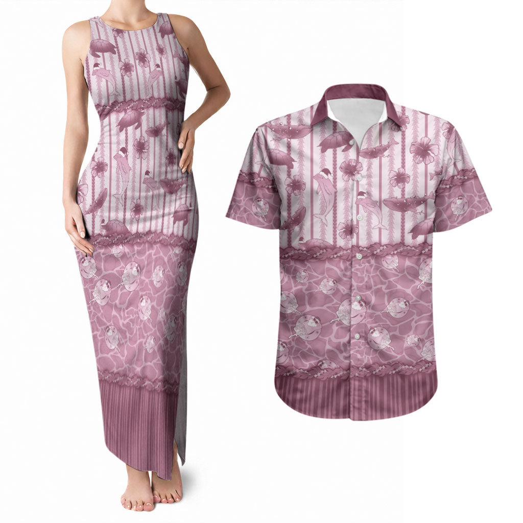Hawaii Christmas In July Couples Matching Tank Maxi Dress and Hawaiian Shirt Dusty Pink Mele Kalikimaka Sea Animals DT05 Pink - Polynesian Pride