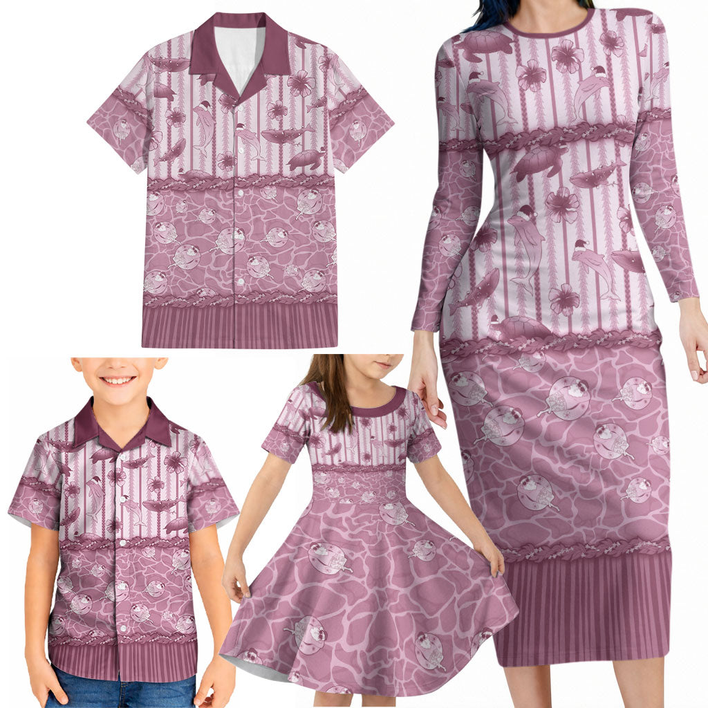 Hawaii Christmas In July Family Matching Long Sleeve Bodycon Dress and Hawaiian Shirt Dusty Pink Mele Kalikimaka Sea Animals DT05 - Polynesian Pride