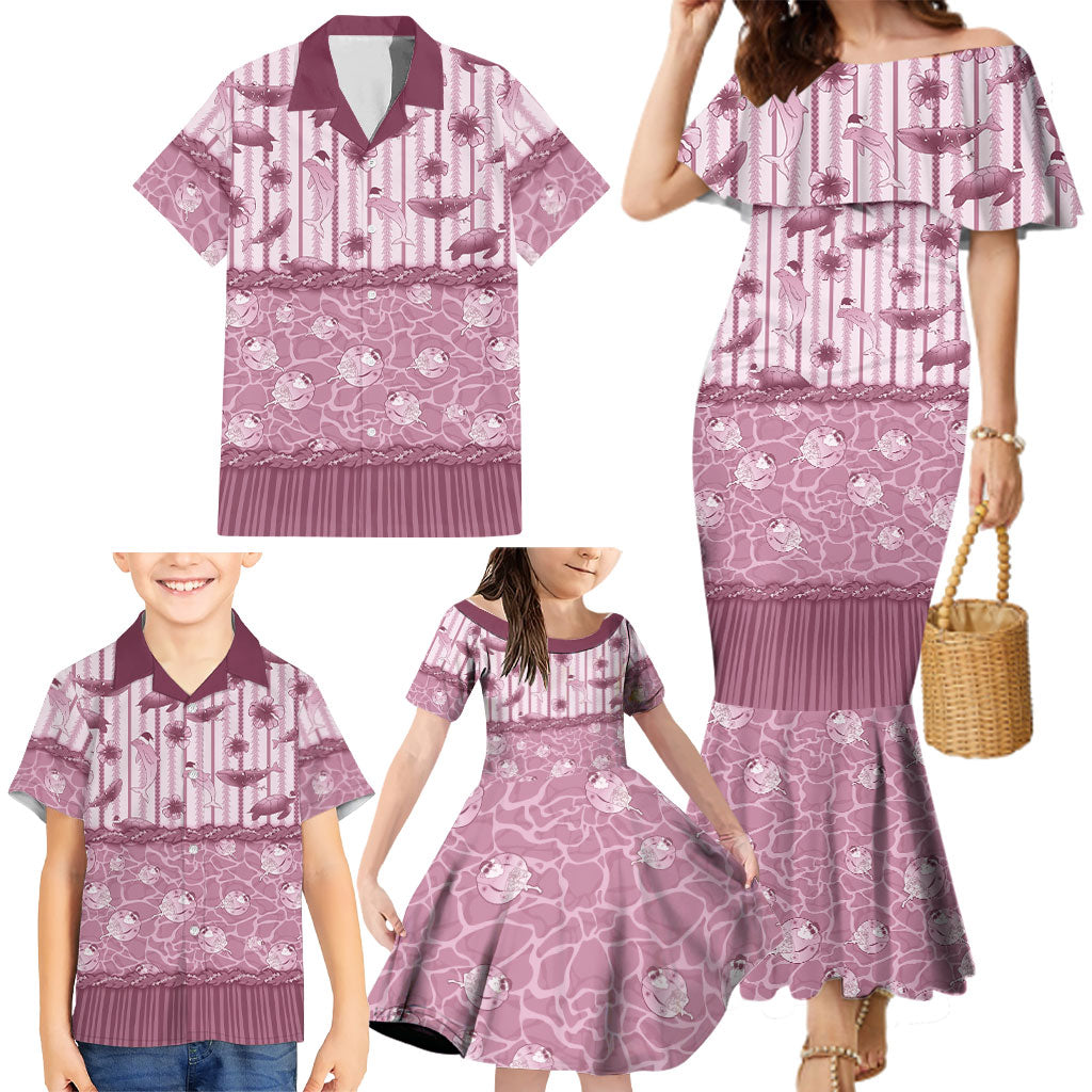 Hawaii Christmas In July Family Matching Mermaid Dress and Hawaiian Shirt Dusty Pink Mele Kalikimaka Sea Animals
