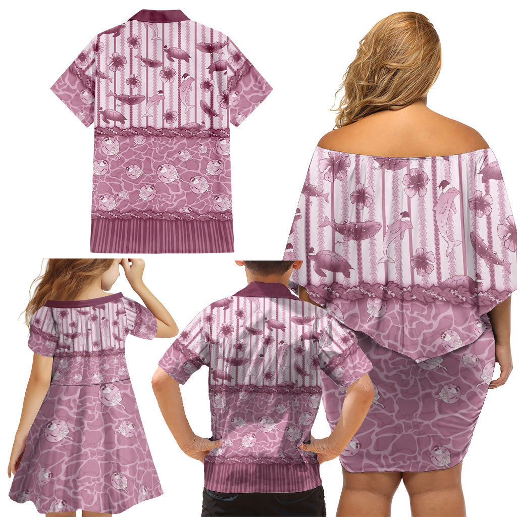 Hawaii Christmas In July Family Matching Off Shoulder Short Dress and Hawaiian Shirt Dusty Pink Mele Kalikimaka Sea Animals