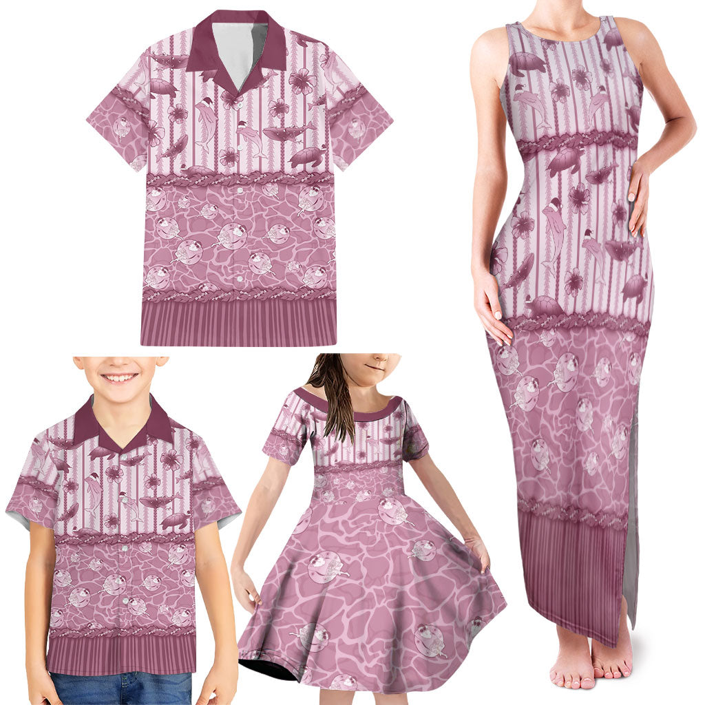 Hawaii Christmas In July Family Matching Tank Maxi Dress and Hawaiian Shirt Dusty Pink Mele Kalikimaka Sea Animals