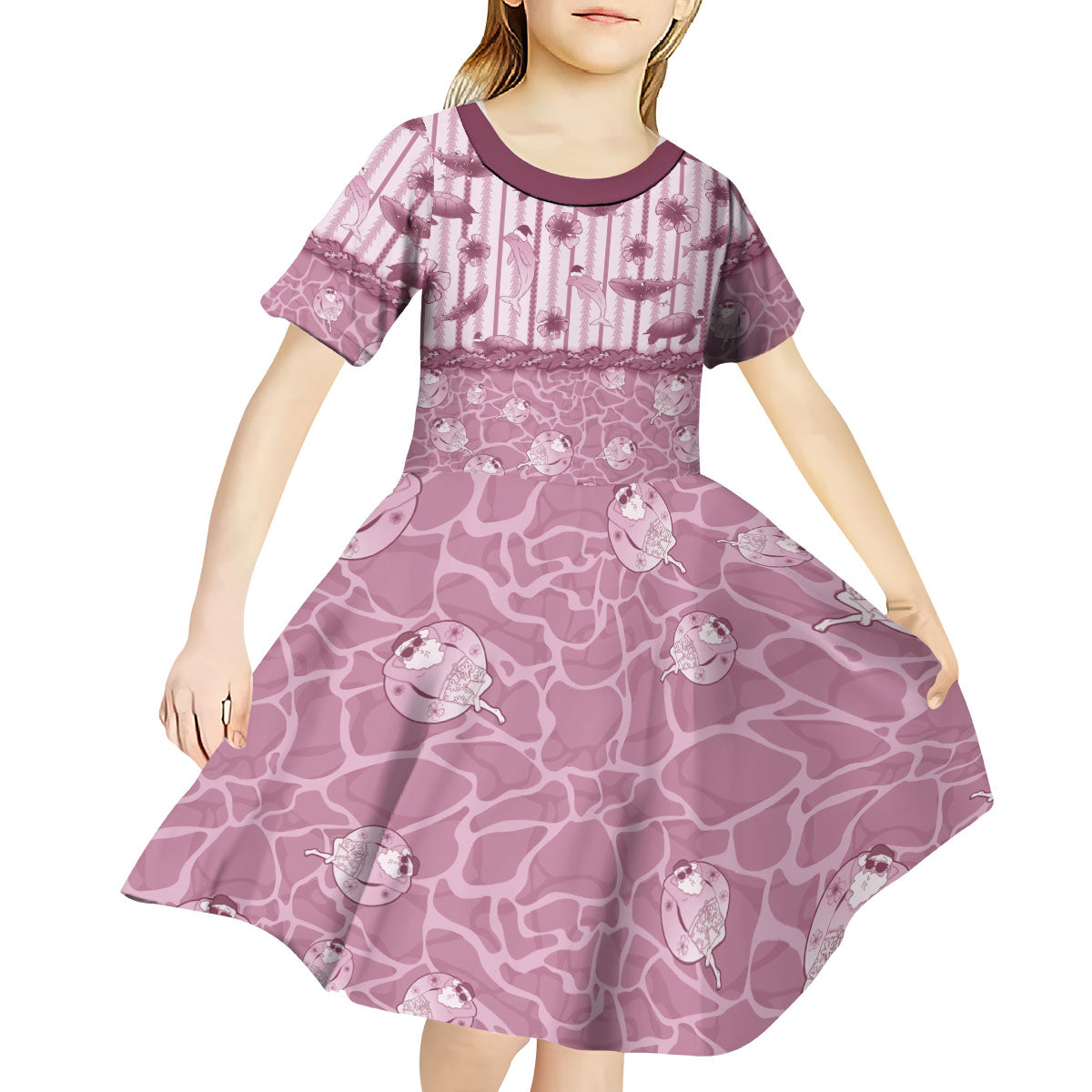 Hawaii Christmas In July Kid Short Sleeve Dress Dusty Pink Mele Kalikimaka Sea Animals