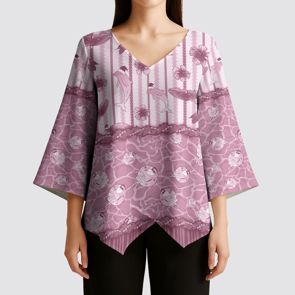 Hawaii Christmas In July Kimono Sleeve Blouse Dusty Pink Mele Kalikimaka Sea Animals