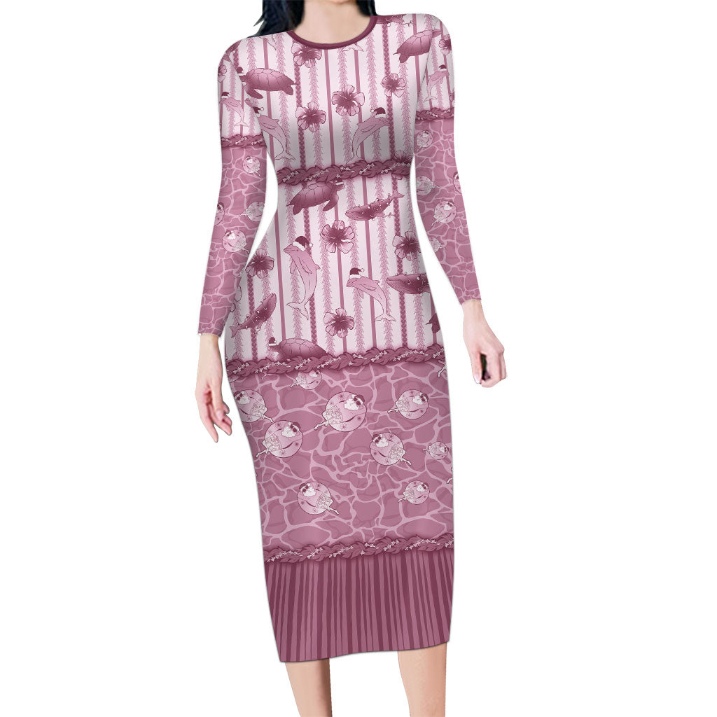 Hawaii Christmas In July Long Sleeve Bodycon Dress Dusty Pink Mele Kalikimaka Sea Animals