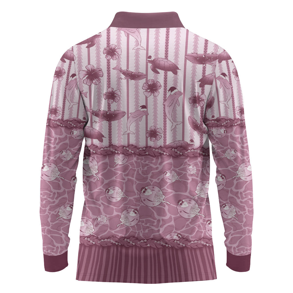 Hawaii Christmas In July Long Sleeve Polo Shirt Dusty Pink Mele Kalikimaka Sea Animals