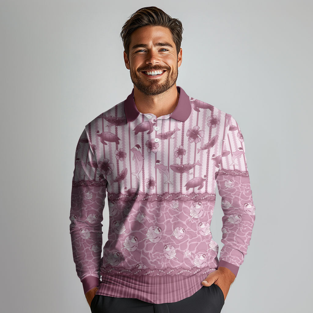 Hawaii Christmas In July Long Sleeve Polo Shirt Dusty Pink Mele Kalikimaka Sea Animals
