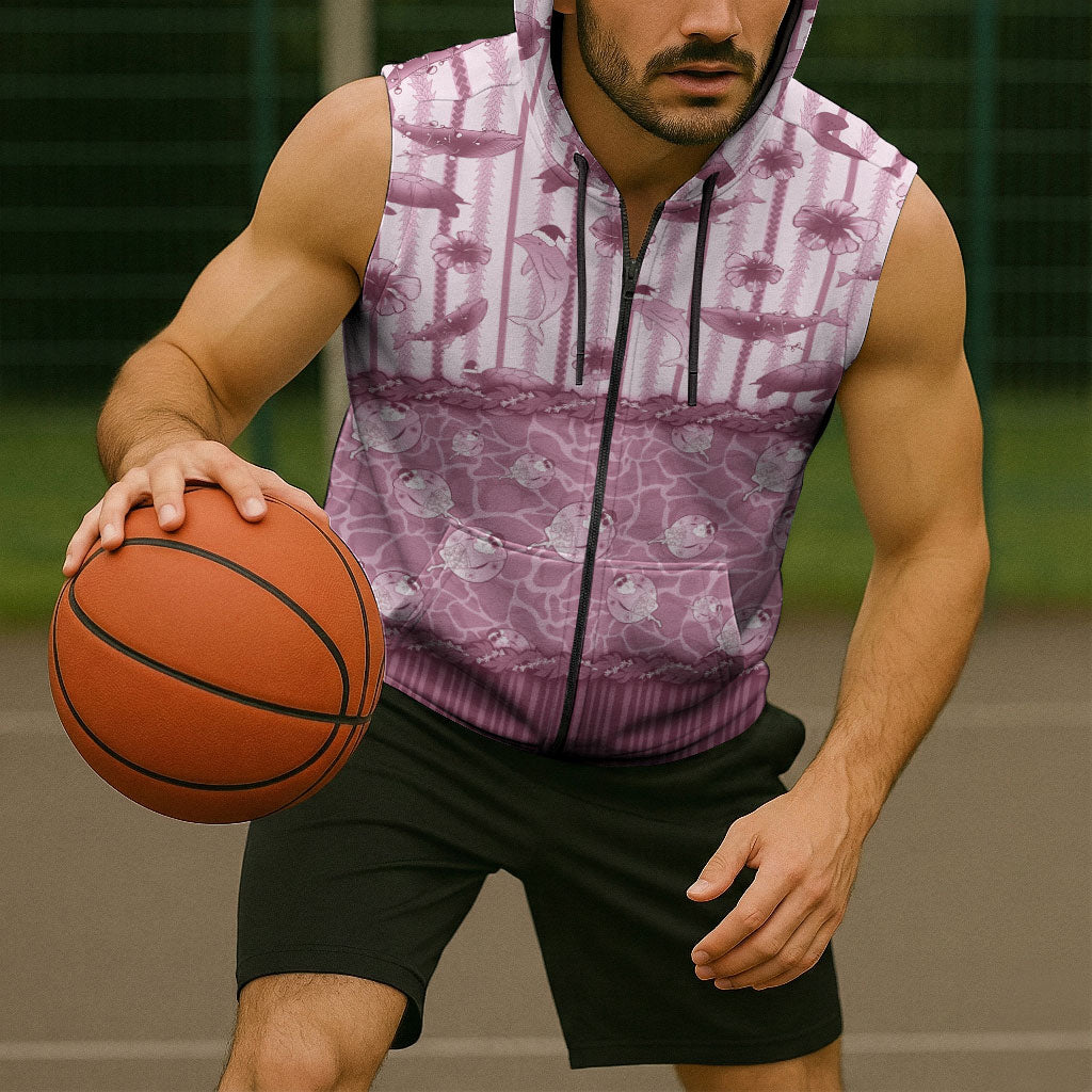 Hawaii Christmas In July Sleeveless Zip Hoodie Dusty Pink Mele Kalikimaka Sea Animals