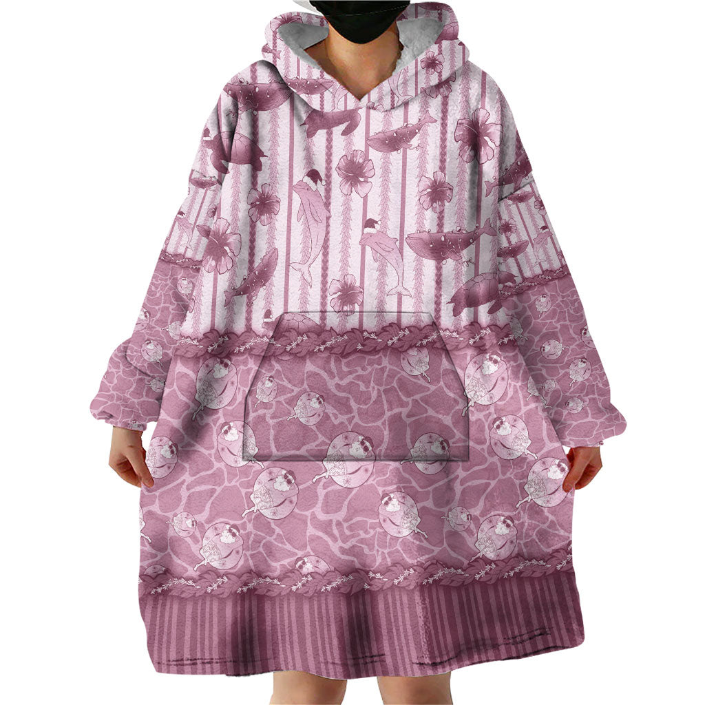 Hawaii Christmas In July Wearable Blanket Hoodie Dusty Pink Mele Kalikimaka Sea Animals