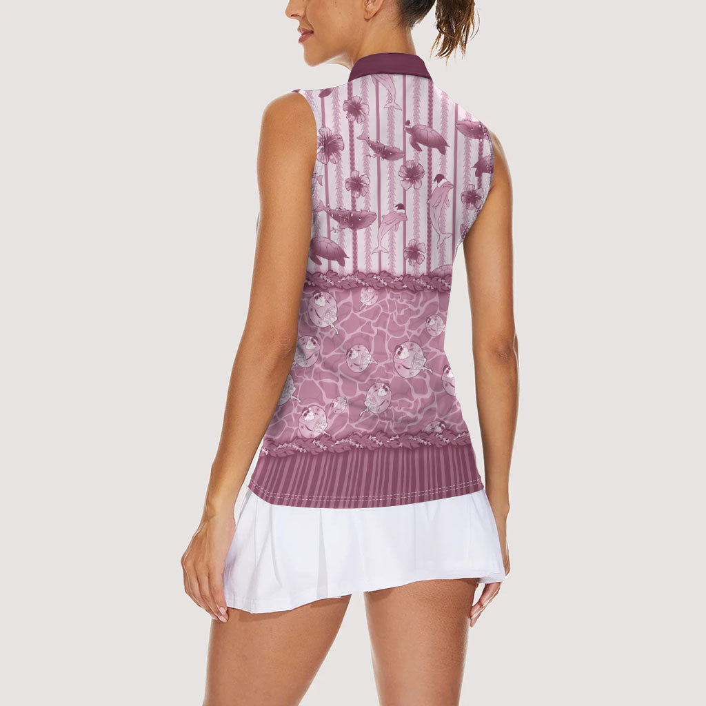 Hawaii Christmas In July Women Sleeveless Polo Shirt Dusty Pink Mele Kalikimaka Sea Animals