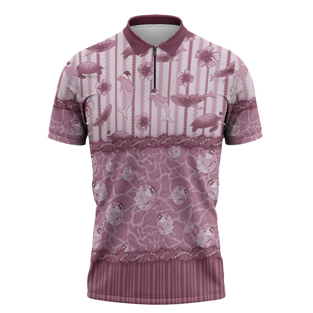 Hawaii Christmas In July Zipper Polo Shirt Dusty Pink Mele Kalikimaka Sea Animals