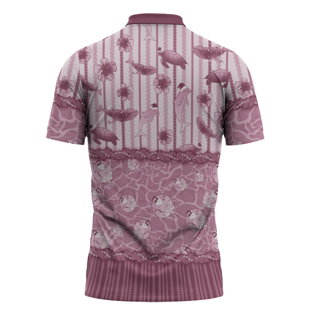 Hawaii Christmas In July Zipper Polo Shirt Dusty Pink Mele Kalikimaka Sea Animals