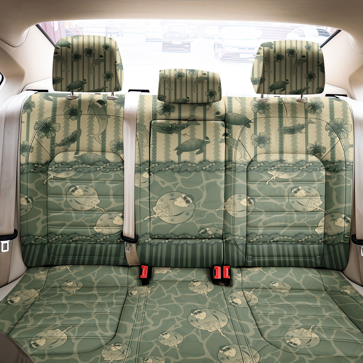 Hawaii Christmas In July Back Car Seat Cover Olive Green Mele Kalikimaka Sea Animals