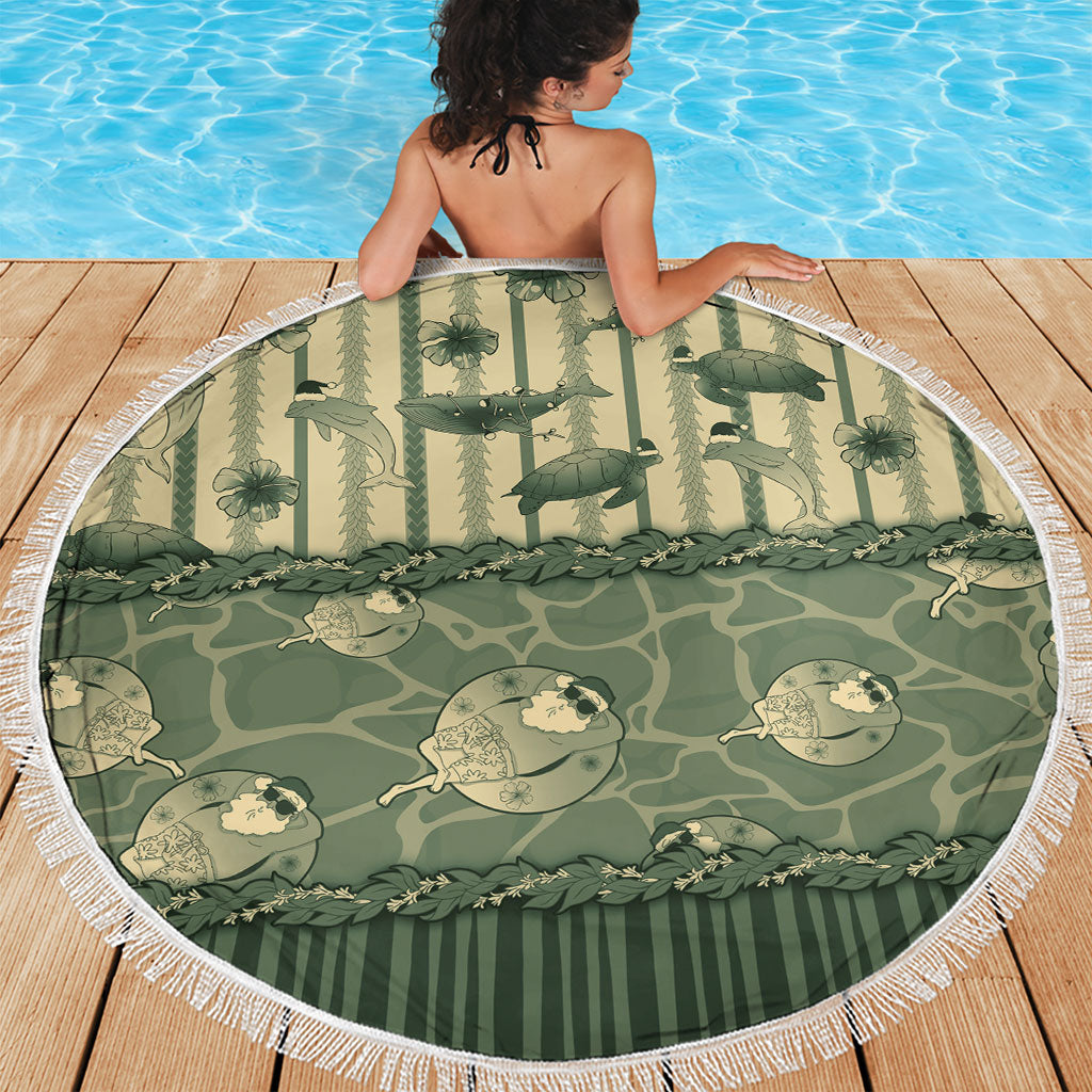 Hawaii Christmas In July Beach Blanket Olive Green Mele Kalikimaka Sea Animals