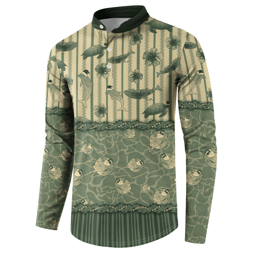 Hawaii Christmas In July Button Sweatshirt Olive Green Mele Kalikimaka Sea Animals DT05 - Polynesian Pride