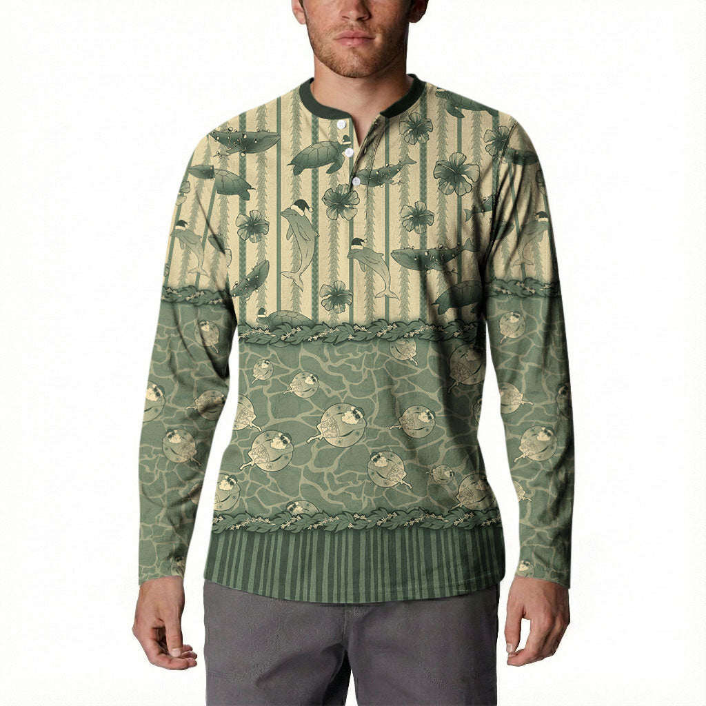 Hawaii Christmas In July Button Sweatshirt Olive Green Mele Kalikimaka Sea Animals DT05 - Polynesian Pride