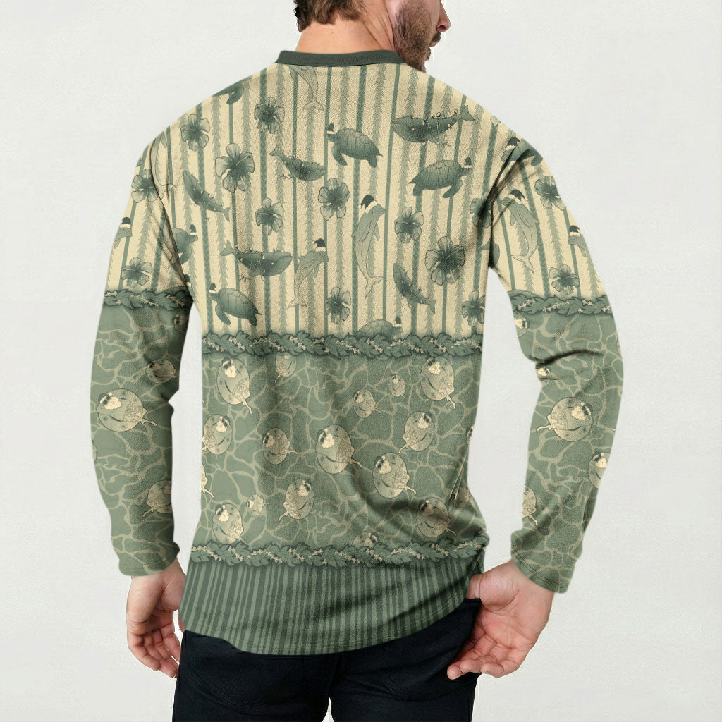Hawaii Christmas In July Button Sweatshirt Olive Green Mele Kalikimaka Sea Animals DT05 - Polynesian Pride