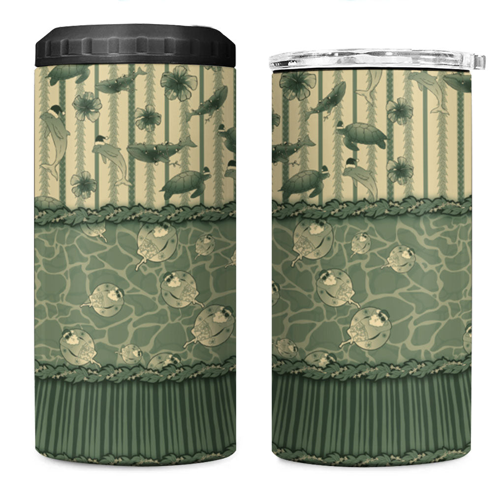 Hawaii Christmas In July 4 in 1 Can Cooler Tumbler Olive Green Mele Kalikimaka Sea Animals