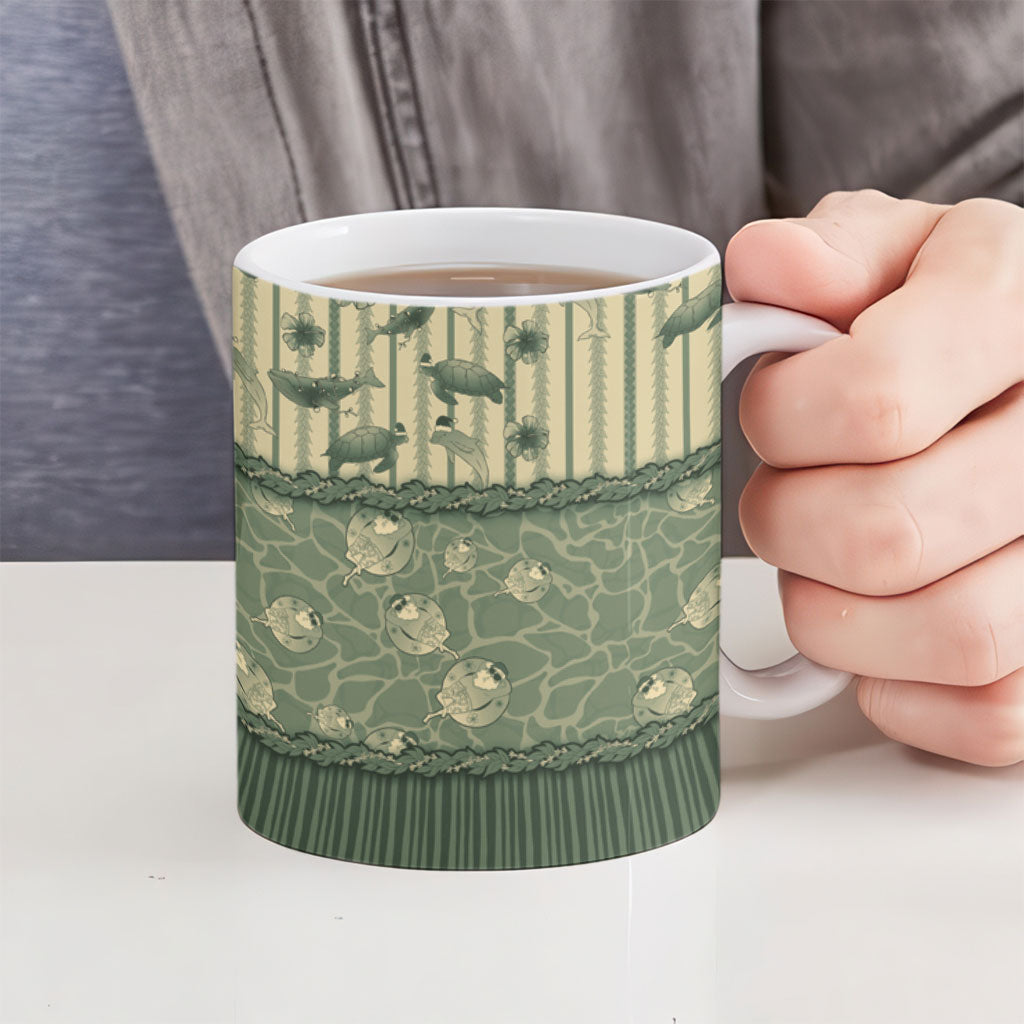 Hawaii Christmas In July Ceramic Mug Olive Green Mele Kalikimaka Sea Animals DT05 - Polynesian Pride