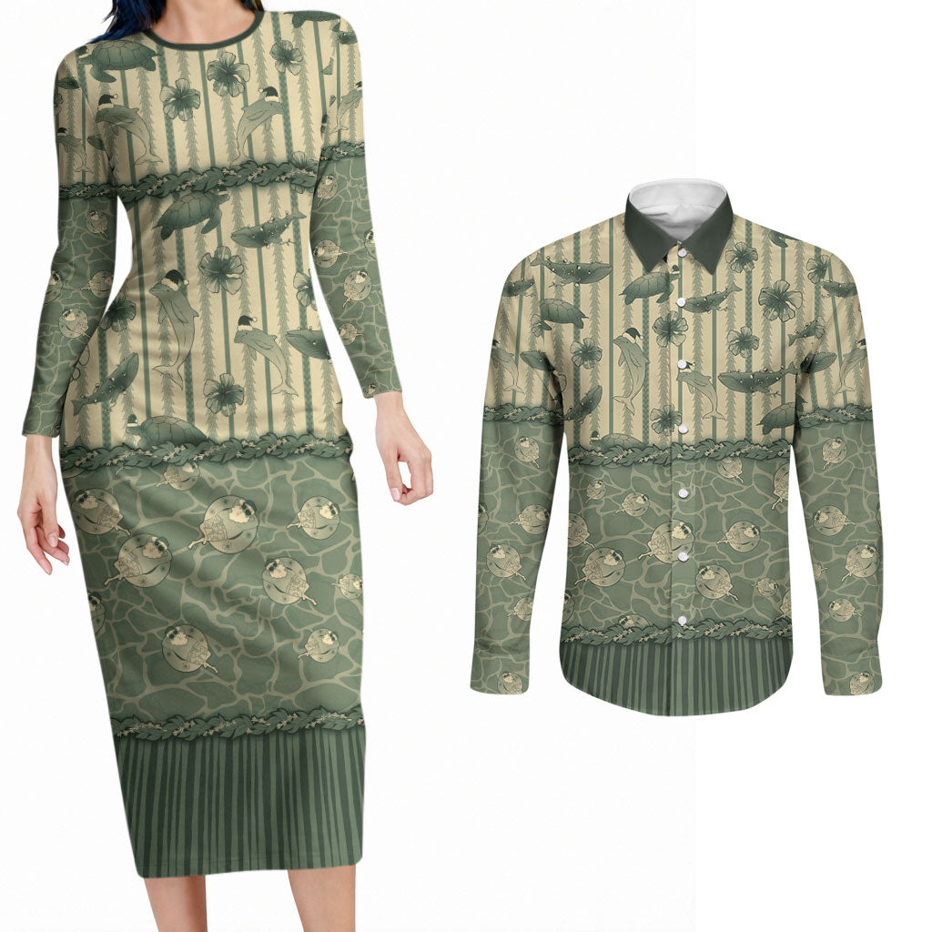 Hawaii Christmas In July Couples Matching Long Sleeve Bodycon Dress and Long Sleeve Button Shirt Olive Green Mele Kalikimaka Sea Animals DT05 Green - Polynesian Pride