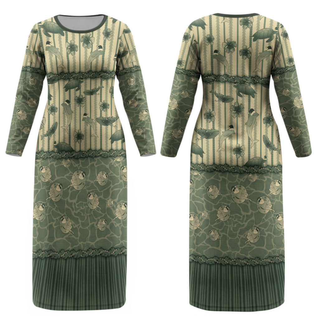 Hawaii Christmas In July Couples Matching Long Sleeve Bodycon Dress and Long Sleeve Button Shirt Olive Green Mele Kalikimaka Sea Animals DT05 - Polynesian Pride
