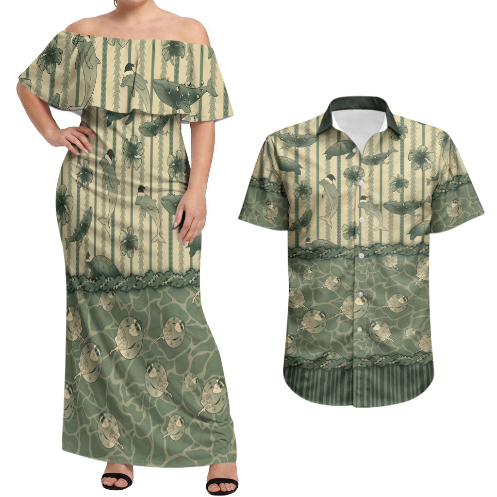Hawaii Christmas In July Couples Matching Off Shoulder Maxi Dress and Hawaiian Shirt Olive Green Mele Kalikimaka Sea Animals DT05 Green - Polynesian Pride