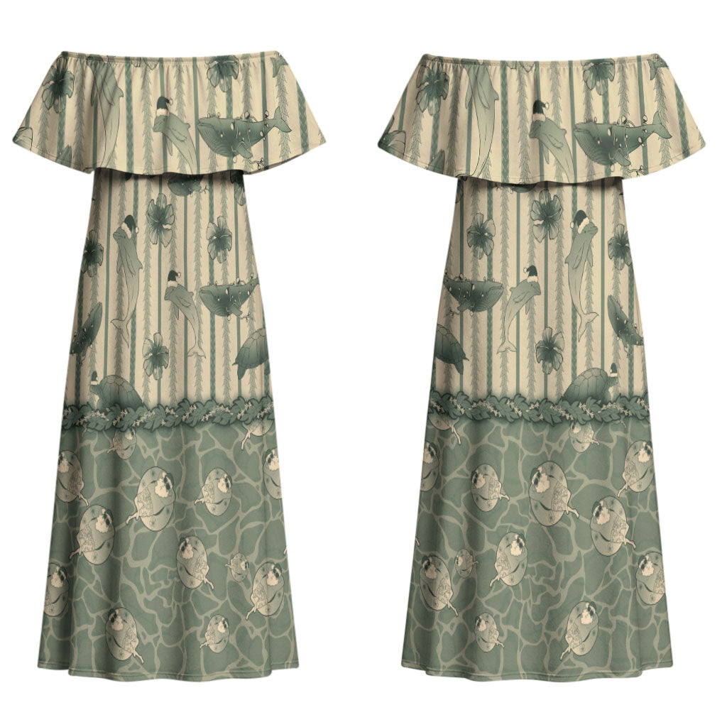 Hawaii Christmas In July Couples Matching Off Shoulder Maxi Dress and Long Sleeve Button Shirt Olive Green Mele Kalikimaka Sea Animals DT05 - Polynesian Pride