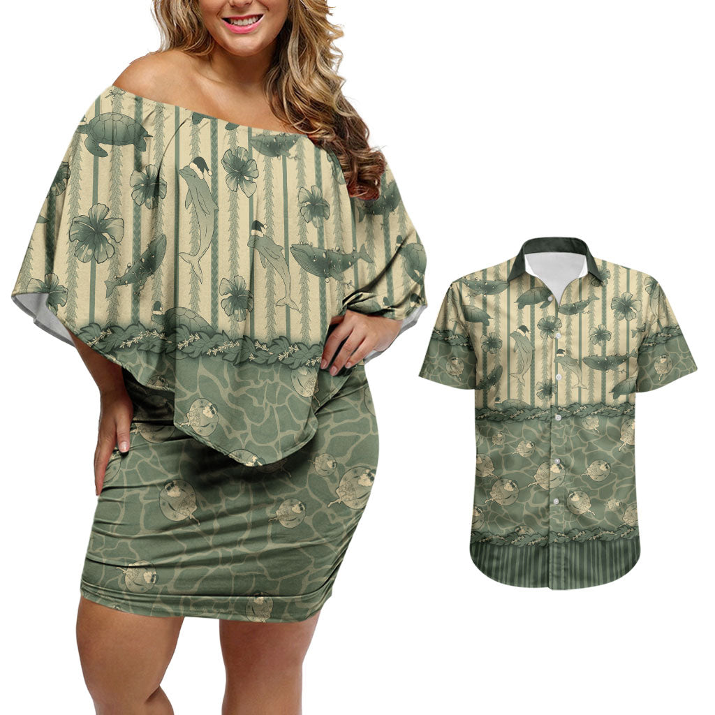 Hawaii Christmas In July Couples Matching Off Shoulder Short Dress and Hawaiian Shirt Olive Green Mele Kalikimaka Sea Animals DT05 Green - Polynesian Pride