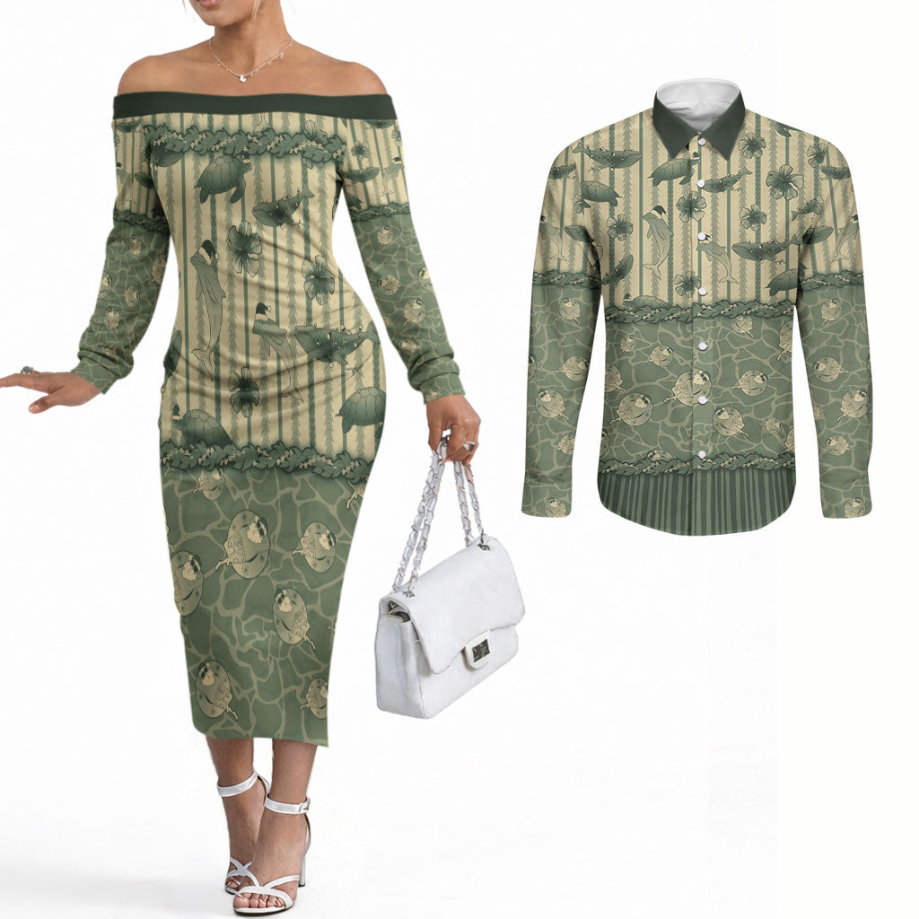Hawaii Christmas In July Couples Matching Off The Shoulder Long Sleeve Dress and Long Sleeve Button Shirt Olive Green Mele Kalikimaka Sea Animals DT05 Green - Polynesian Pride