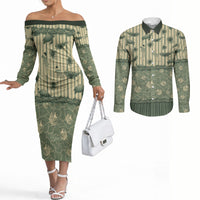 Hawaii Christmas In July Couples Matching Off The Shoulder Long Sleeve Dress and Long Sleeve Button Shirt Olive Green Mele Kalikimaka Sea Animals DT05 Green - Polynesian Pride