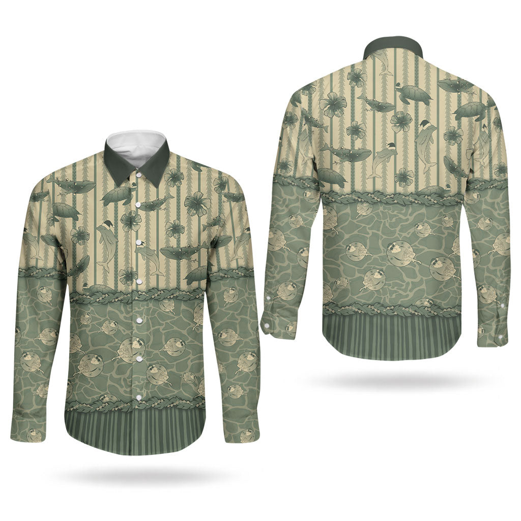 Hawaii Christmas In July Couples Matching Off The Shoulder Long Sleeve Dress and Long Sleeve Button Shirt Olive Green Mele Kalikimaka Sea Animals DT05 - Polynesian Pride