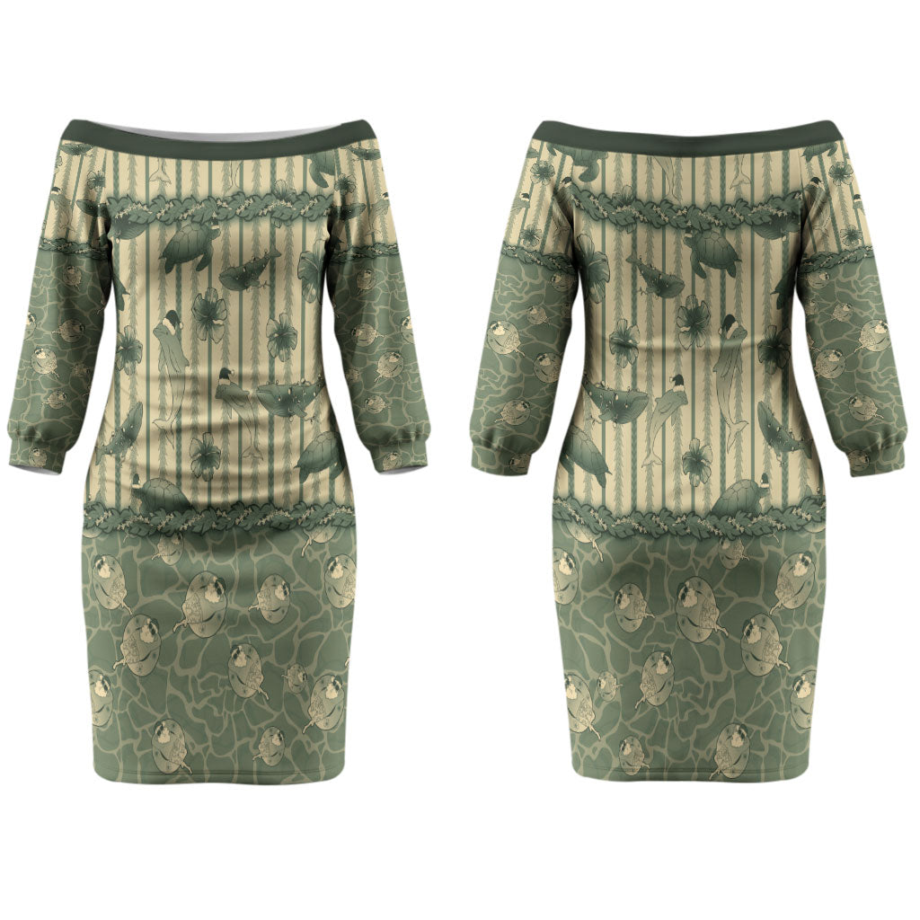 Hawaii Christmas In July Couples Matching Off The Shoulder Long Sleeve Dress and Long Sleeve Button Shirt Olive Green Mele Kalikimaka Sea Animals DT05 - Polynesian Pride
