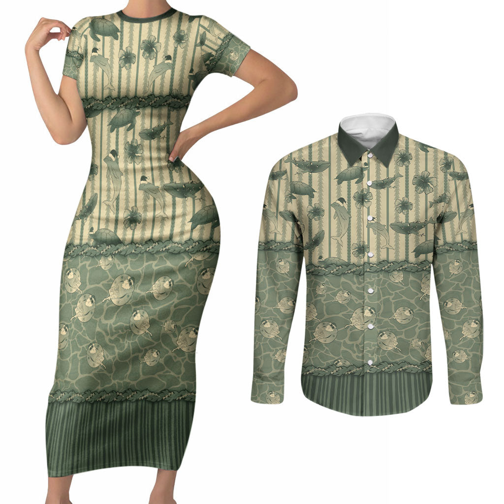 Hawaii Christmas In July Couples Matching Short Sleeve Bodycon Dress and Long Sleeve Button Shirt Olive Green Mele Kalikimaka Sea Animals DT05 Green - Polynesian Pride