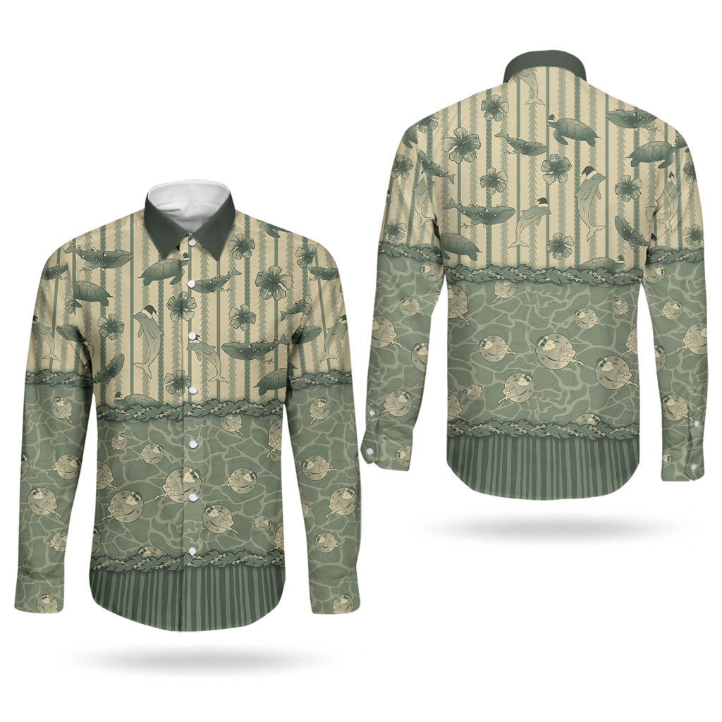 Hawaii Christmas In July Couples Matching Short Sleeve Bodycon Dress and Long Sleeve Button Shirt Olive Green Mele Kalikimaka Sea Animals DT05 - Polynesian Pride