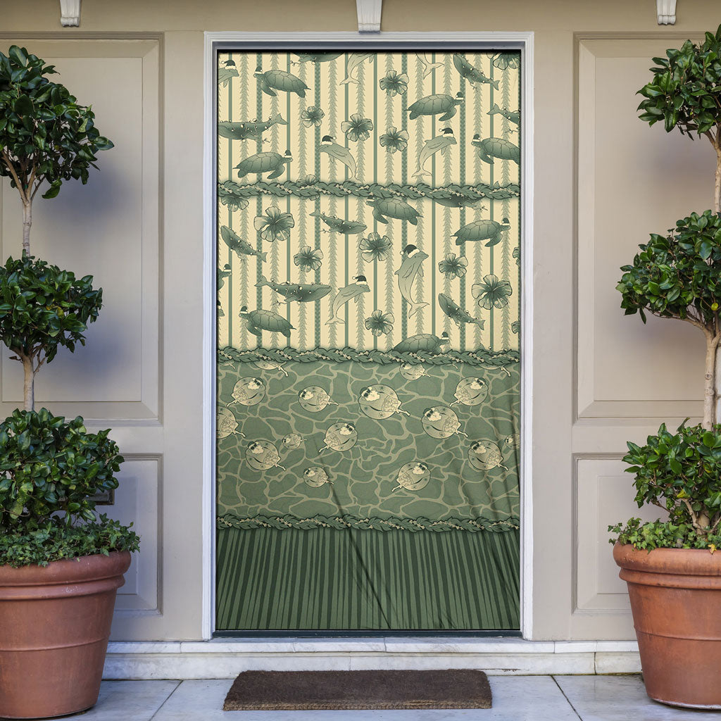 Hawaii Christmas In July Door Cover Olive Green Mele Kalikimaka Sea Animals DT05 Green - Polynesian Pride