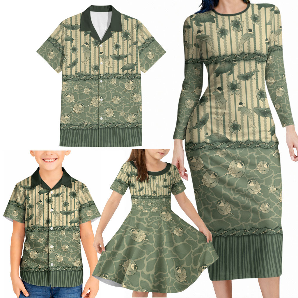 Hawaii Christmas In July Family Matching Long Sleeve Bodycon Dress and Hawaiian Shirt Olive Green Mele Kalikimaka Sea Animals DT05 - Polynesian Pride
